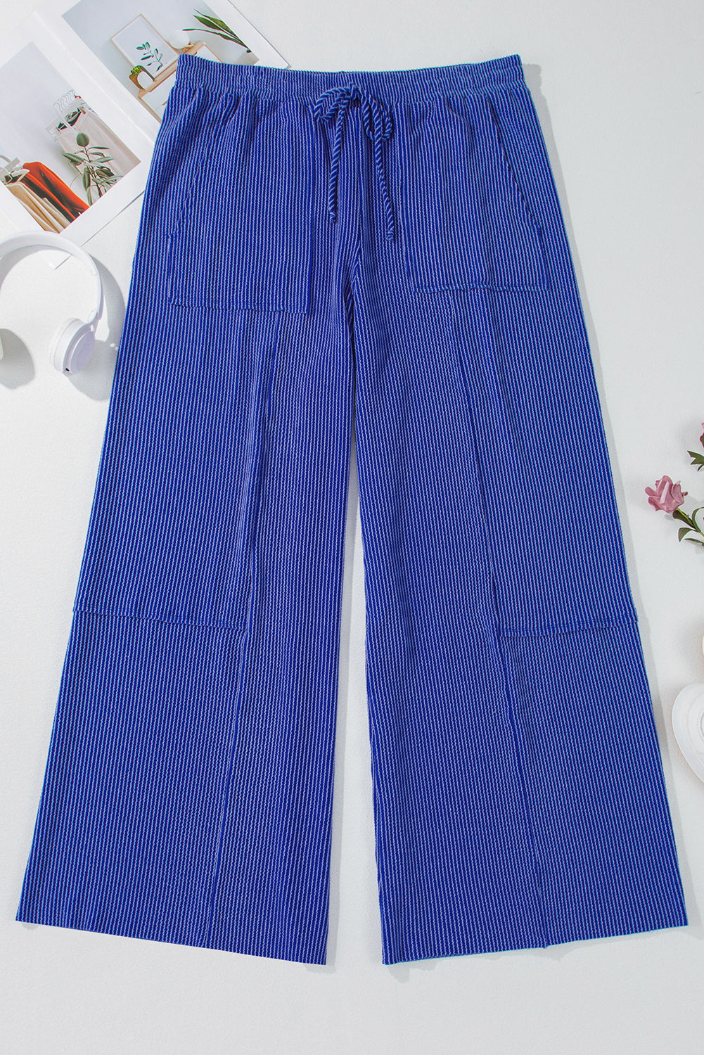 Sky Blue Corded Drawstring High Waist Pocket Plus Size Wide Leg Pants