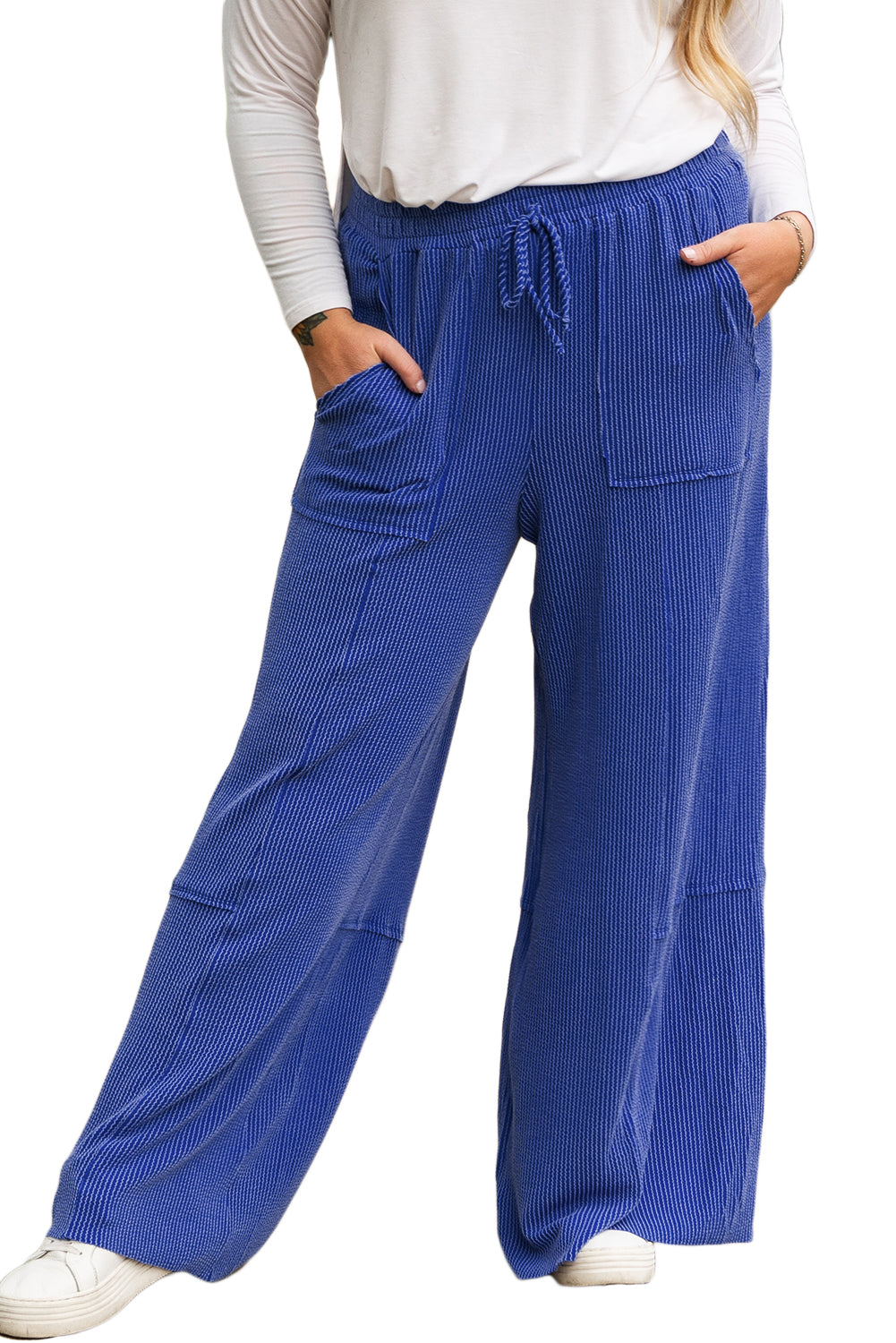 Sky Blue Corded Drawstring High Waist Pocket Plus Size Wide Leg Pants