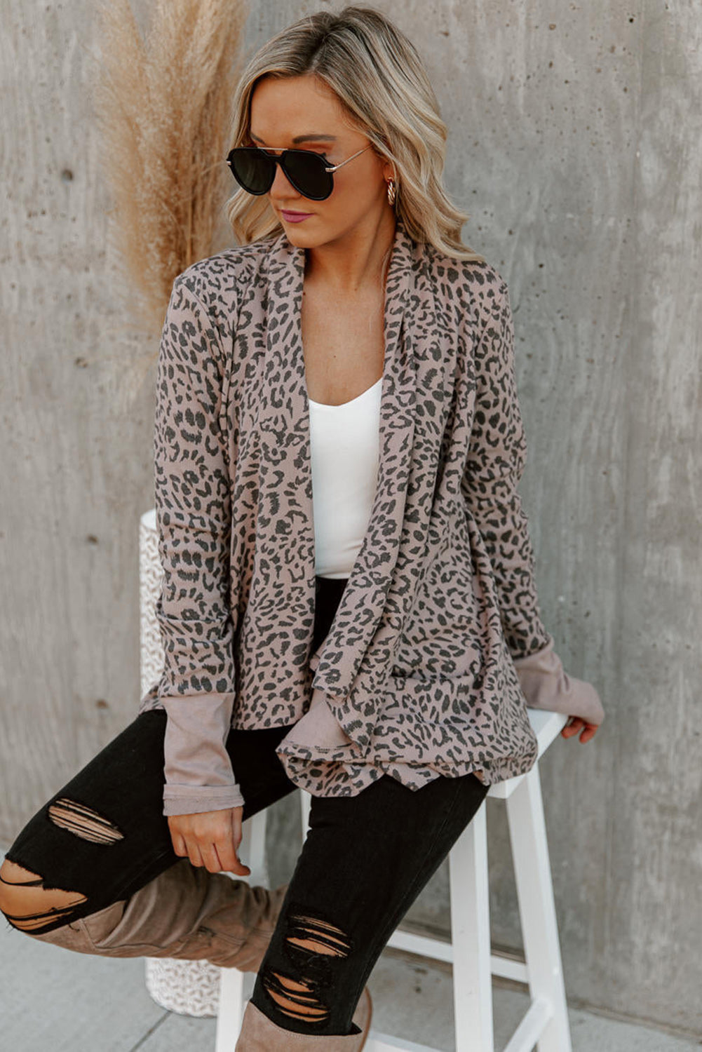 Cheetah Print Cowl Neck Open Front Long Cardigan