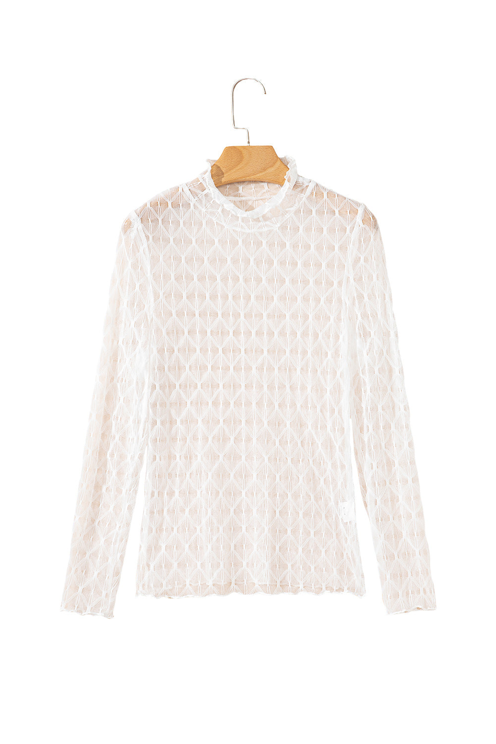 Coffee Sheer Mesh Lettuce Trim Slim Long Sleeve Top