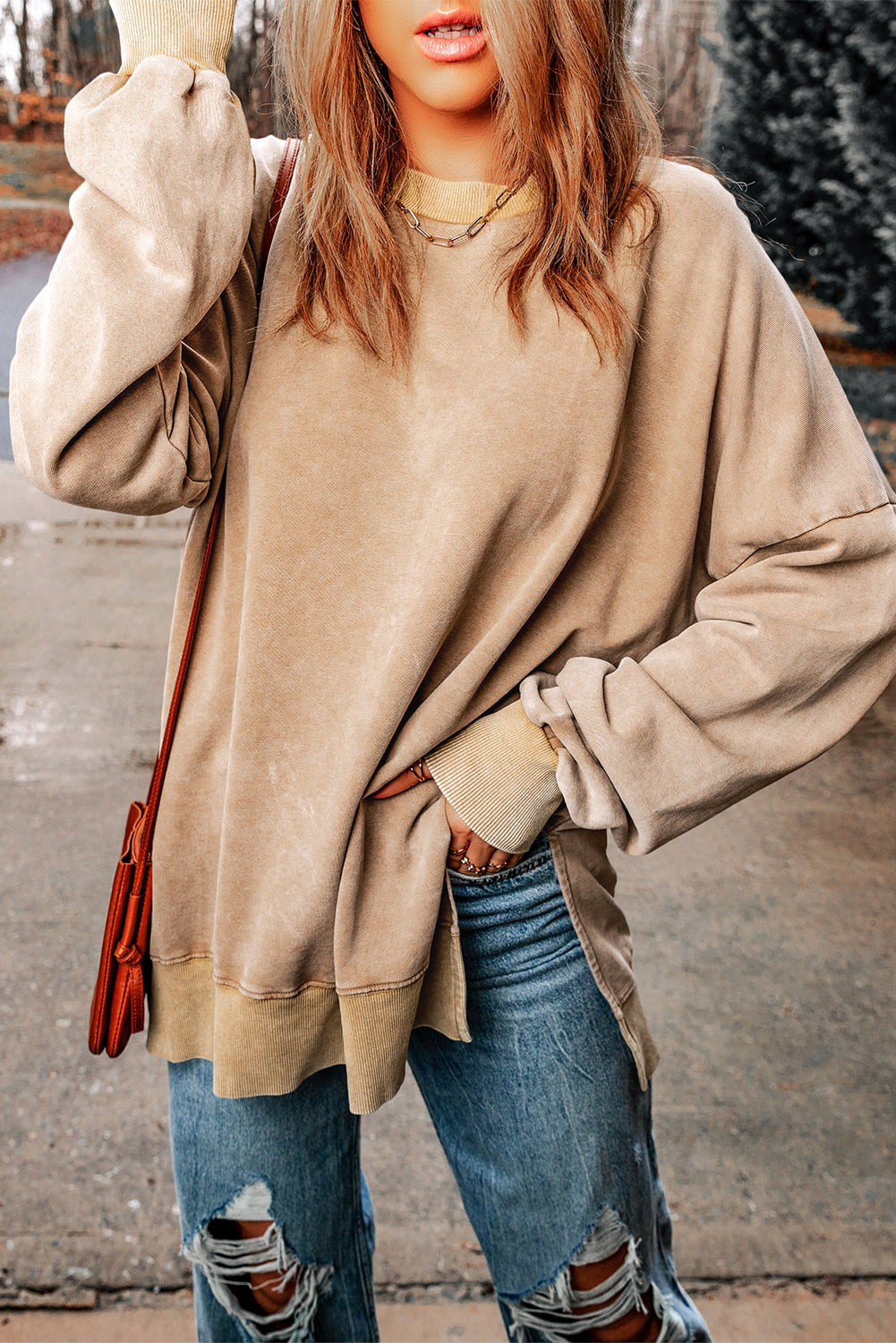 Khaki Plain Drop Shoulder Ribbed Trim Oversized Sweatshirt