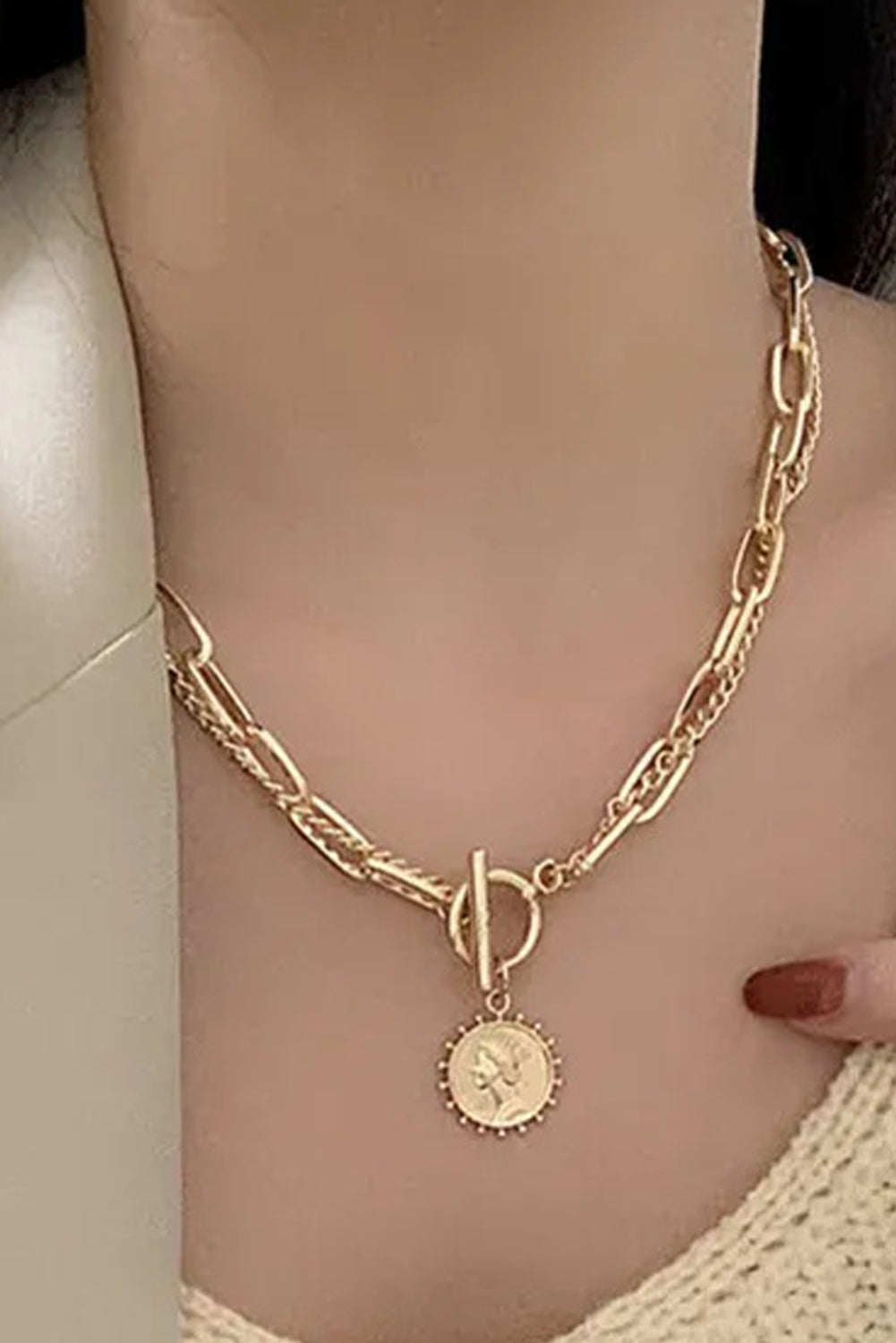 Gold Plated Vintage Carved Coin Pendant Link Chain Necklace