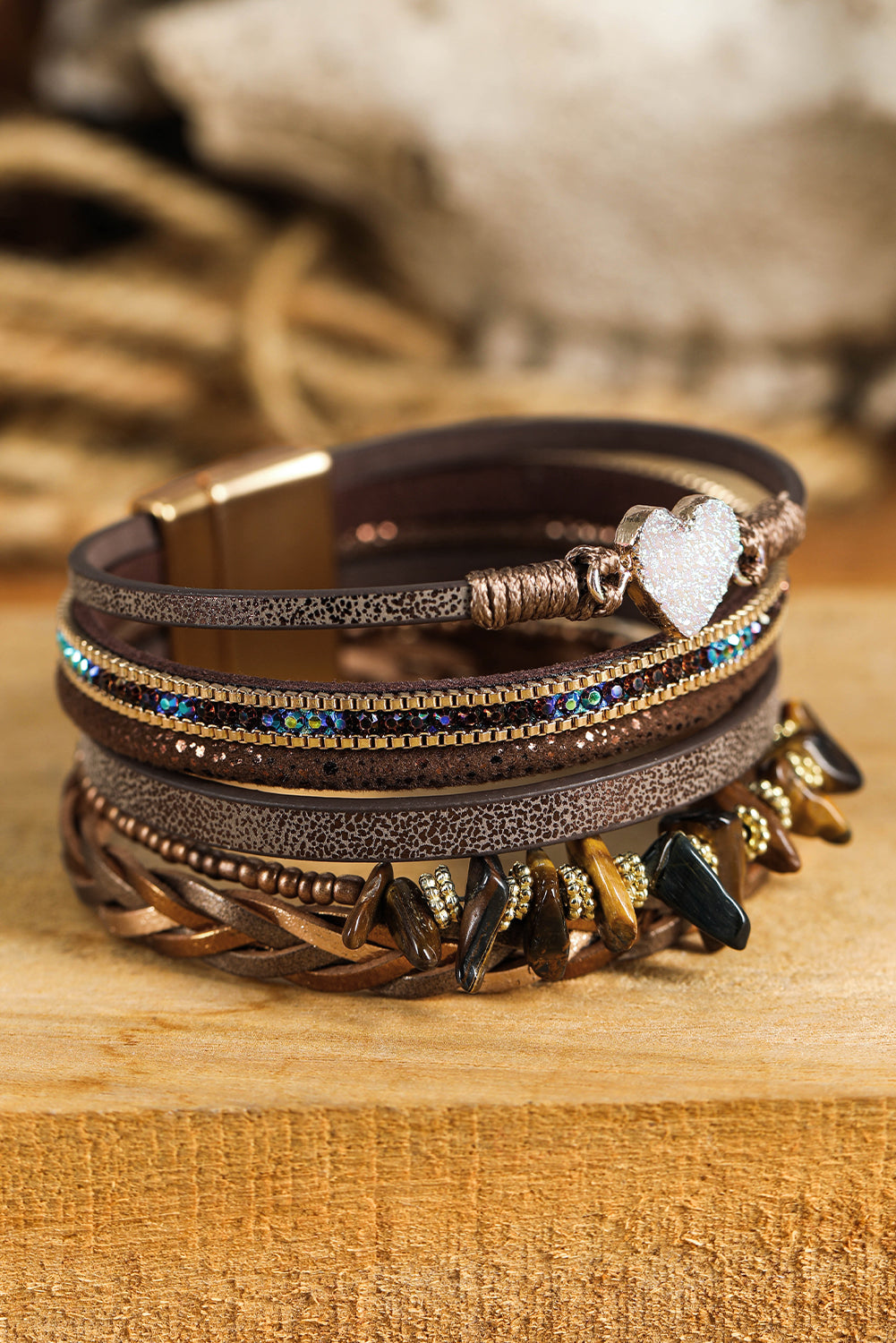 Brown Glittering Heart Accent Multi-layer Vintage PU Bracelet