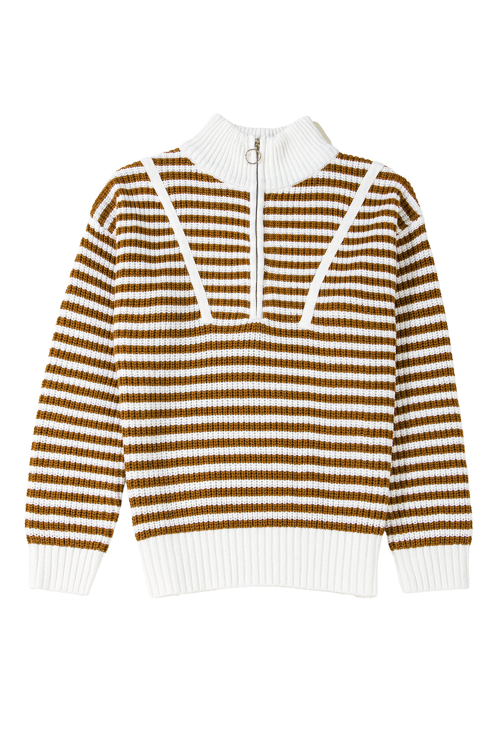 Khaki Stripe Zip Up Collar Drop Sleeve Sweater