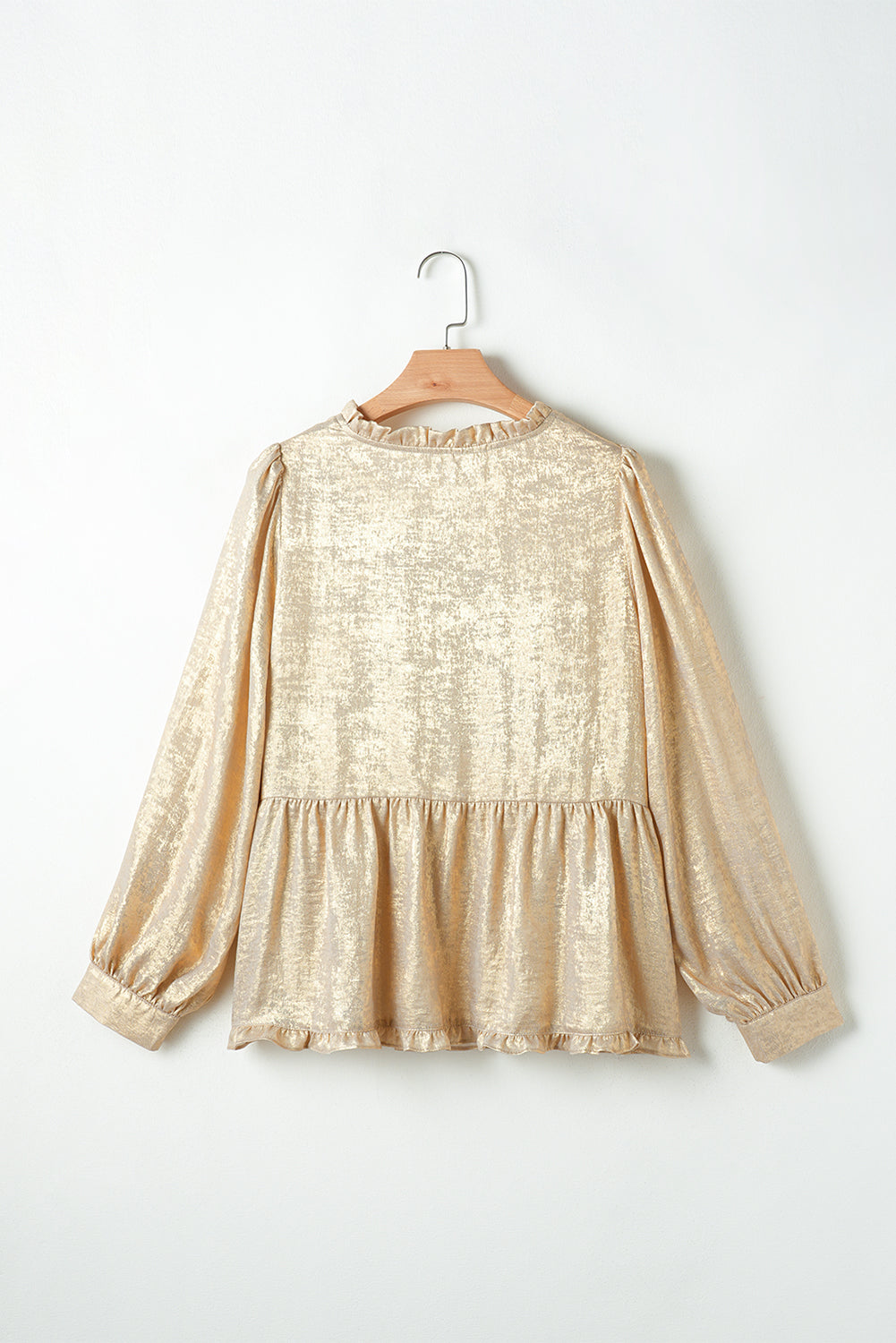 Gold Metallic Frill V Neck Puff Sleeve Babydoll Blouse