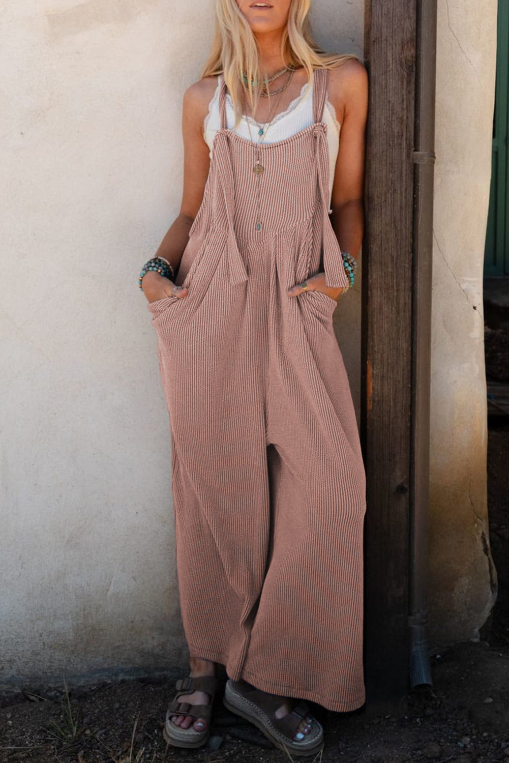 Philippine Gray Corded Solid Adjustable Straps Wide Leg Loose Jumpsuit