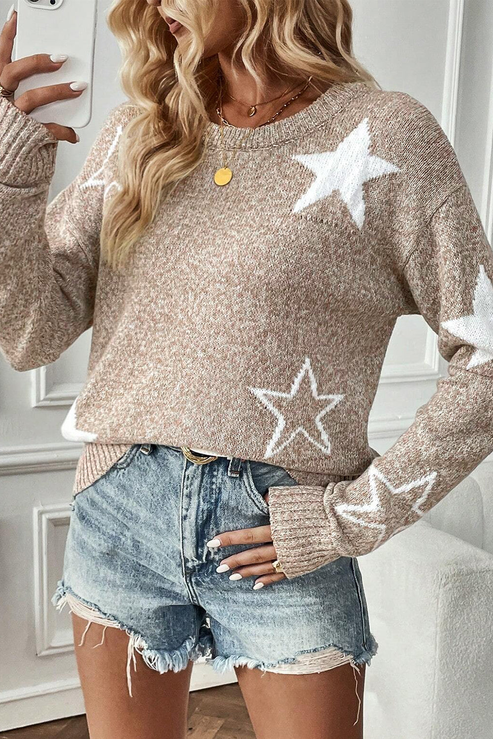 Gray Star Pattern Drop Shoulder Knit Sweater