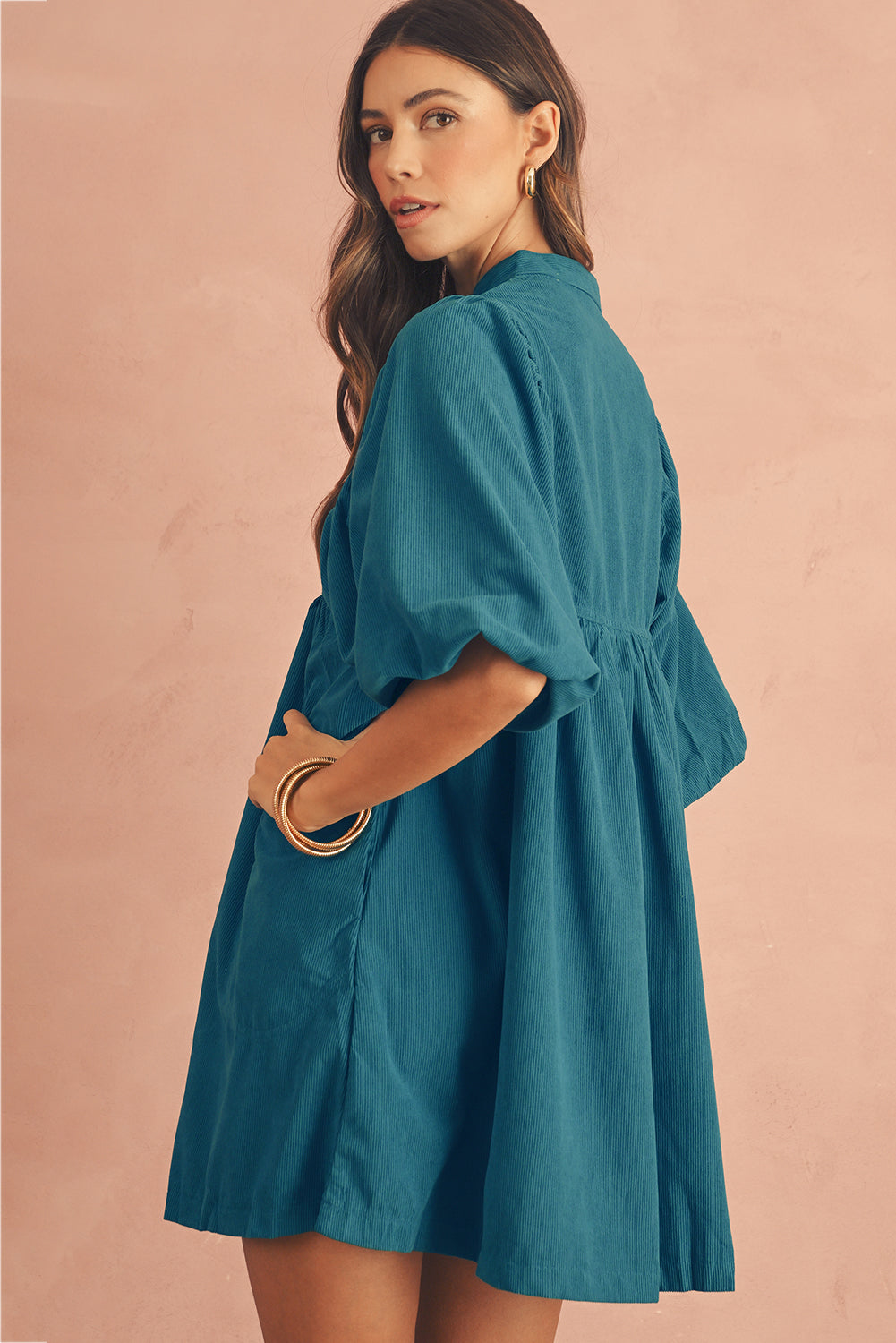 Vineyard Green Snap Button Empire Waist Lantern Sleeve Corduroy Dress