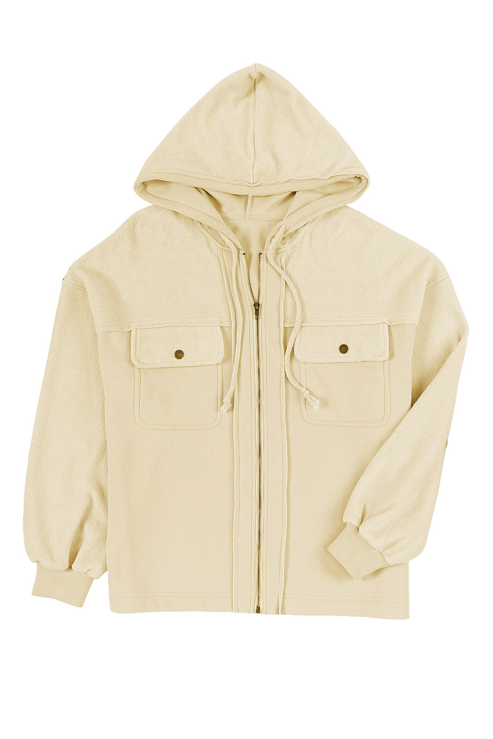 Tan Bishop Sleeve Zip Up Flap Pockets Hoodie Jacket