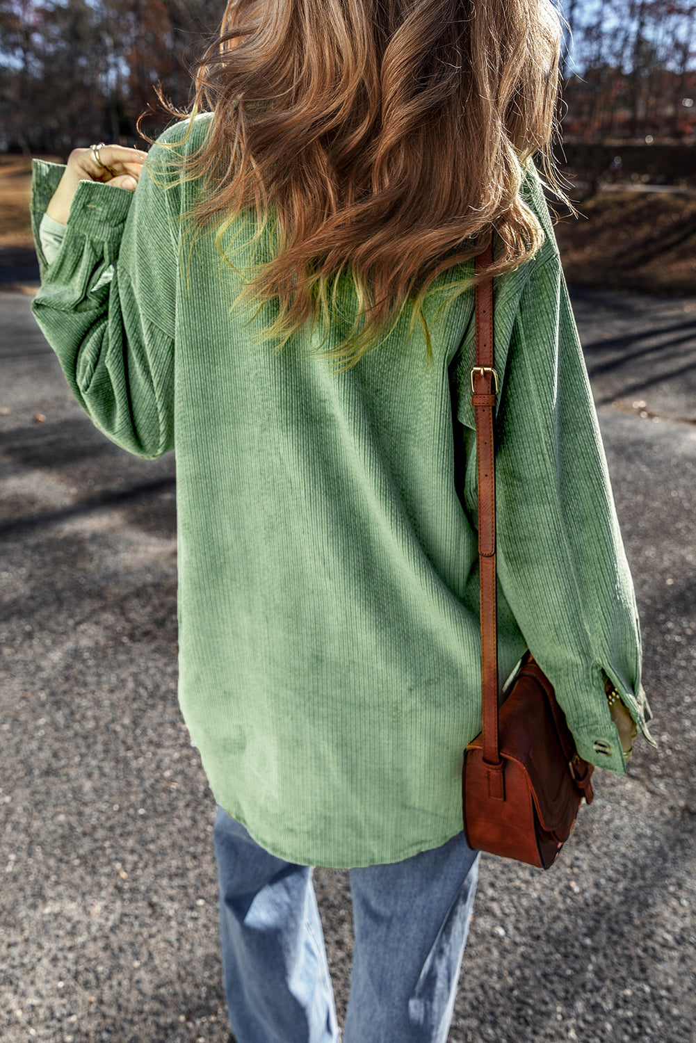 Light French Beige Patched Pocket Button-Up Corduroy Shacket