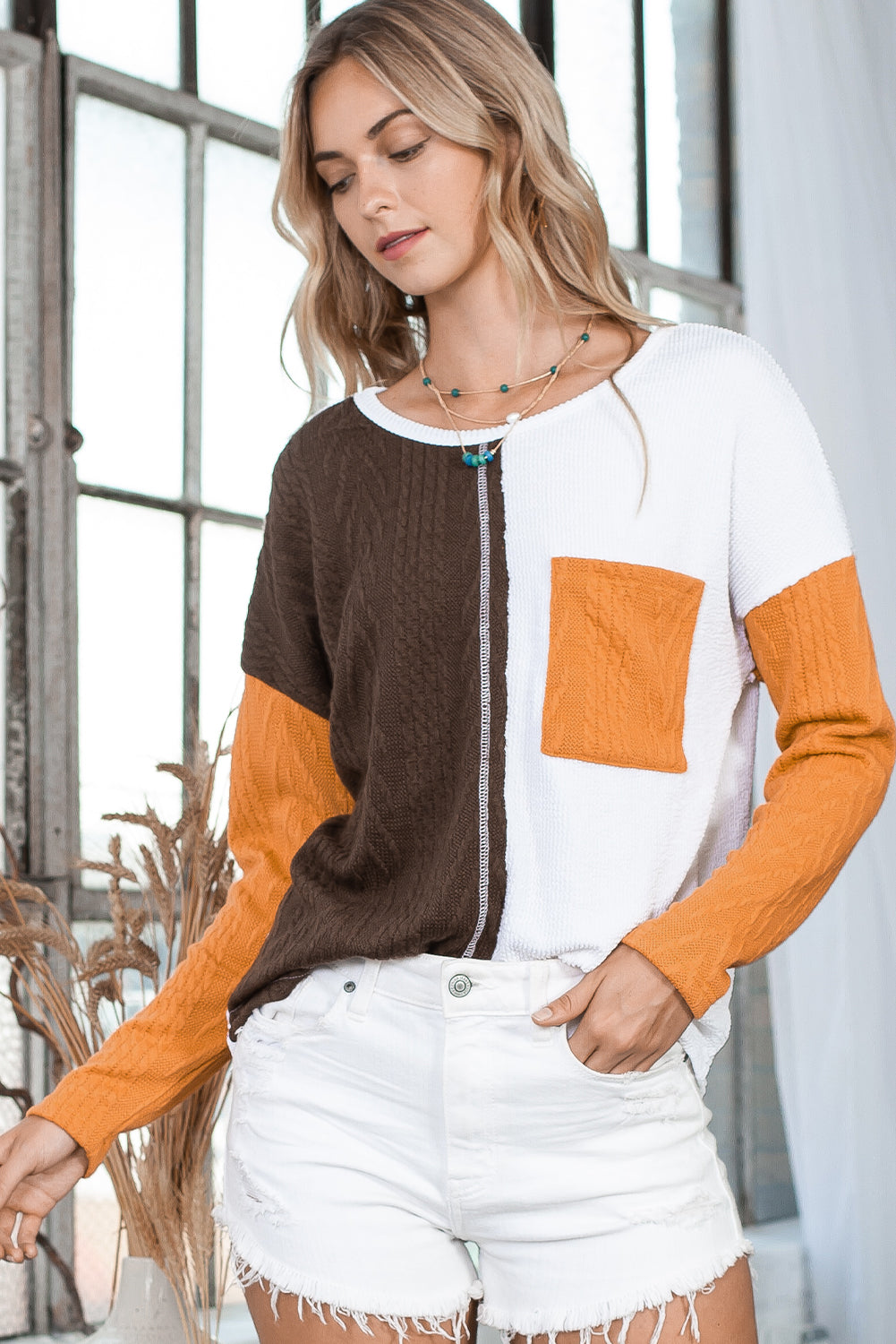 Brown Color Block Textured Chest Pocket Long Sleeve Top