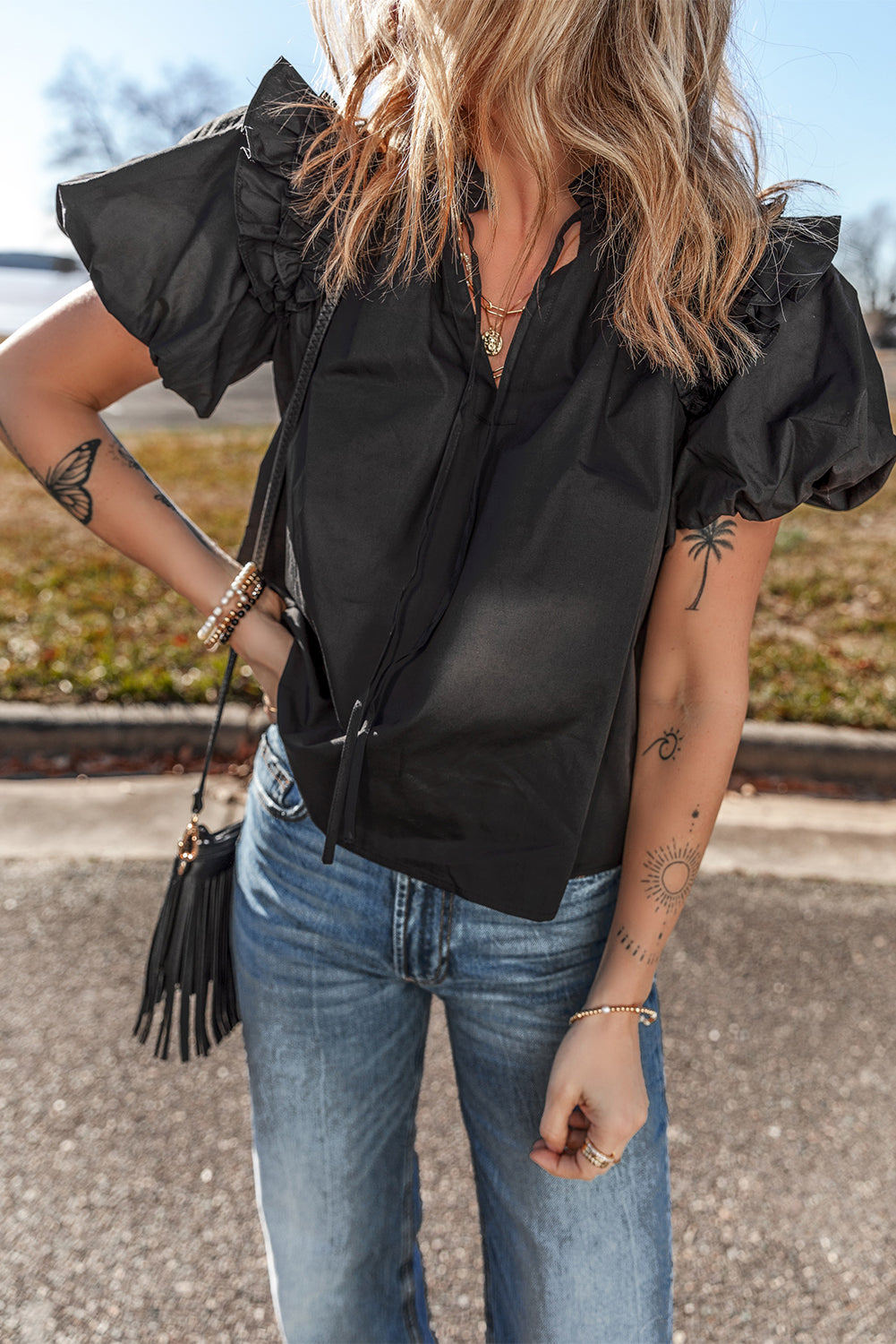 Black V Neck Ruffle Puff Short Sleeve Loose Blouse