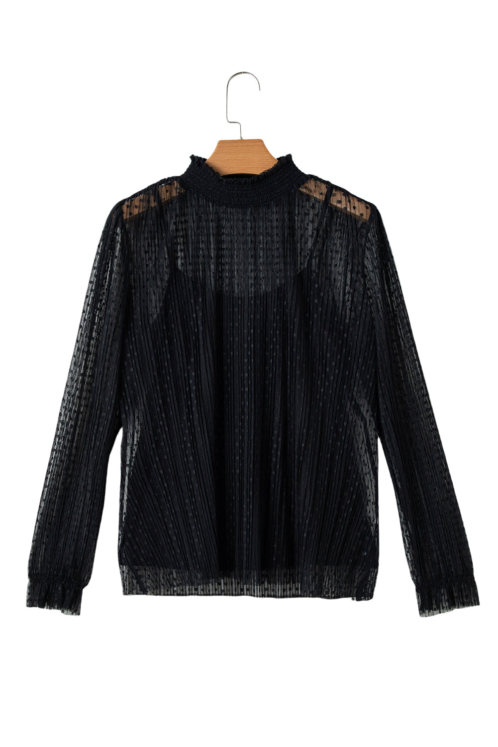 Black Dotty Lace Long Sleeve Mock Neck Sheer Top