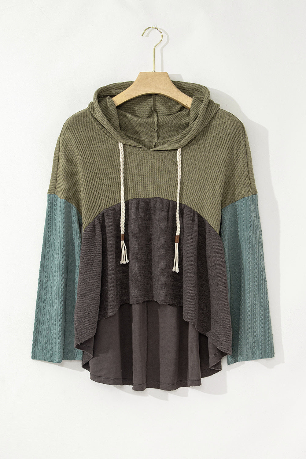 Laurel Green Waffle Knit Patchwork Drawstring Hooded Top