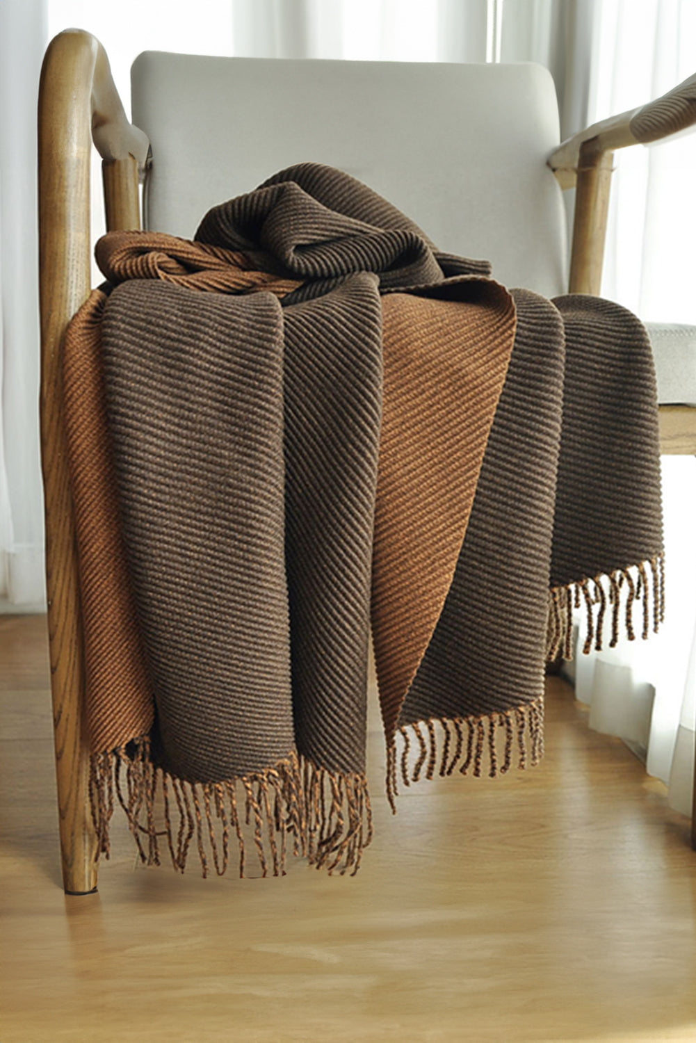 Khaki Bohemian Fringe Trim Textured Scarf