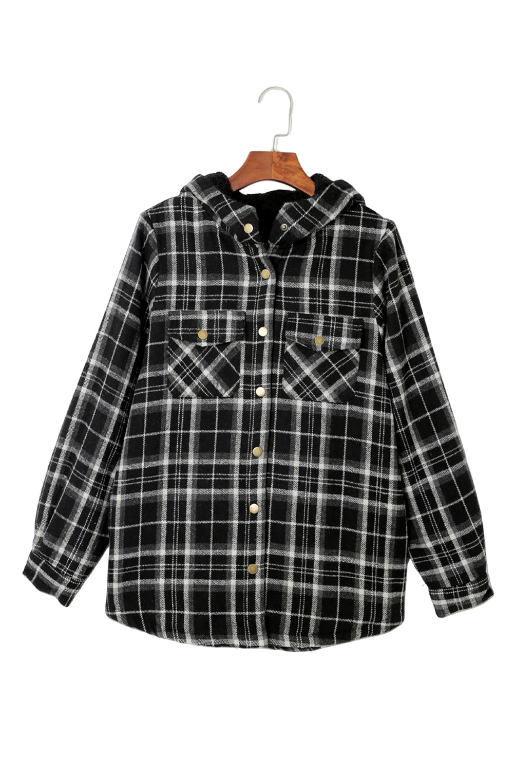 Black Snap Button Sherpa Lined Hooded Flannel Jacket