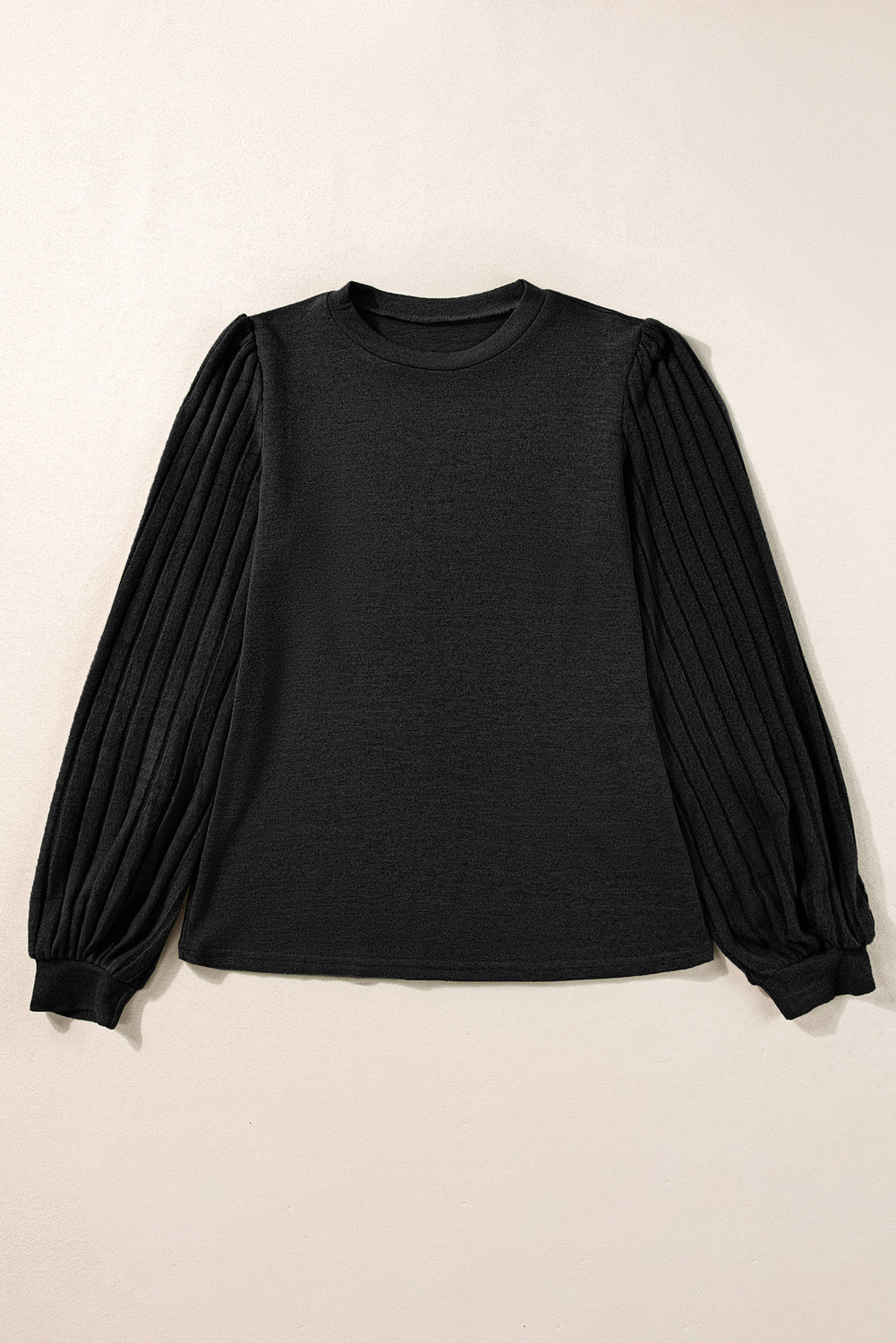 Black Solid Color Contrast Ribbed Bishop Sleeve Top