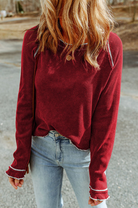 Black Textured Crewneck Long Sleeve Top