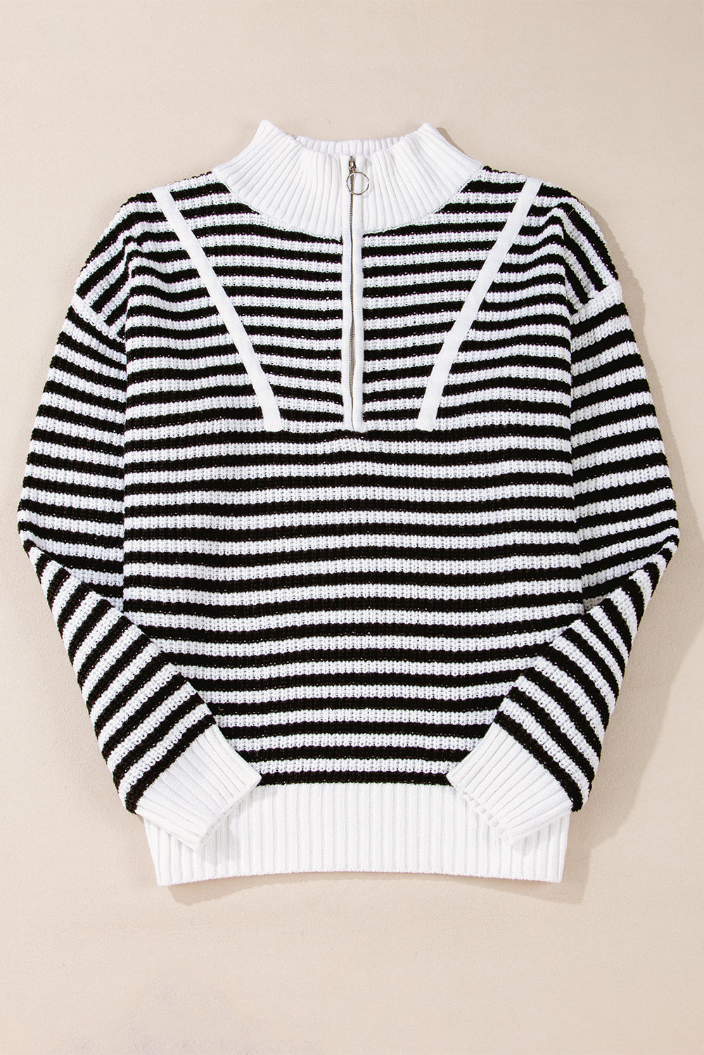 Khaki Stripe Zip Up Collar Drop Sleeve Sweater