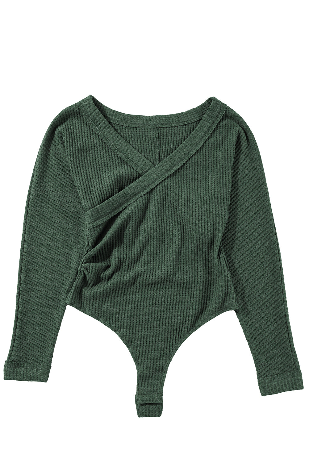 Blackish Green Waffle Wrap V Neck Plain Bodysuit