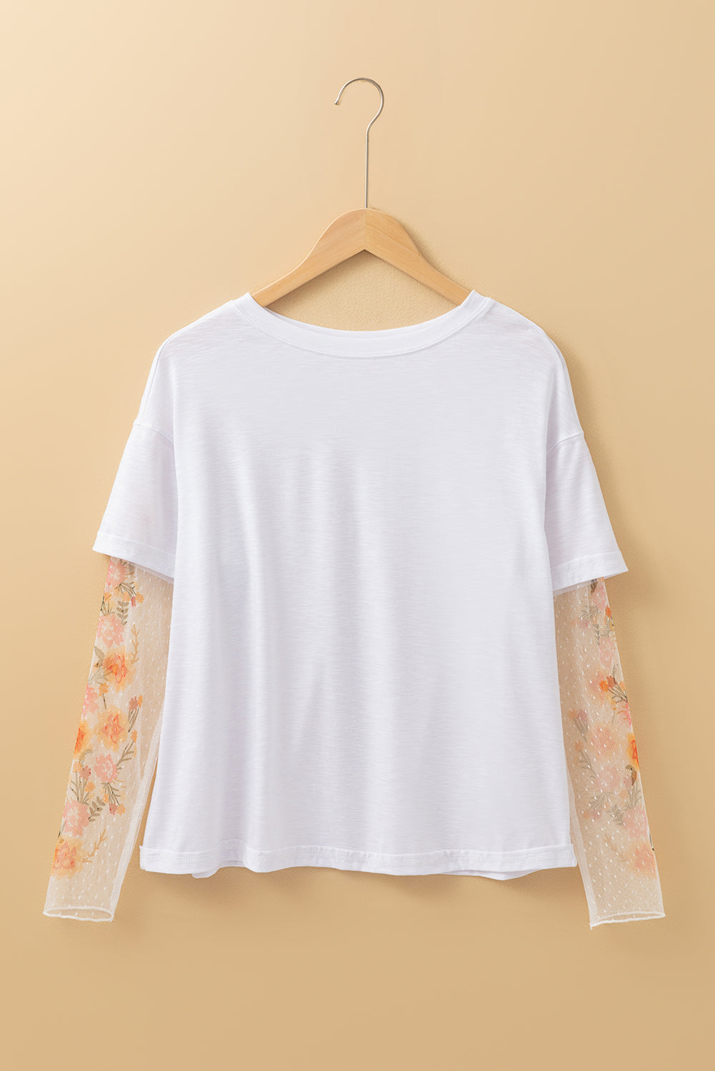White Floral Mesh Patchwork Sleeve Fake Two-Piece Top