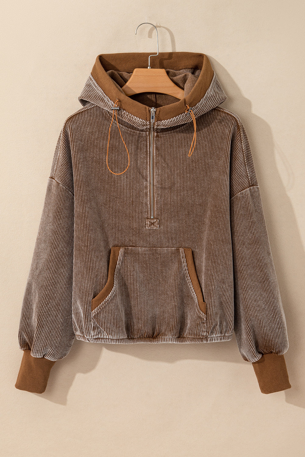 Chestnut Half Zipper Kangaroo Pocket Drawstring Corduroy Hoodie