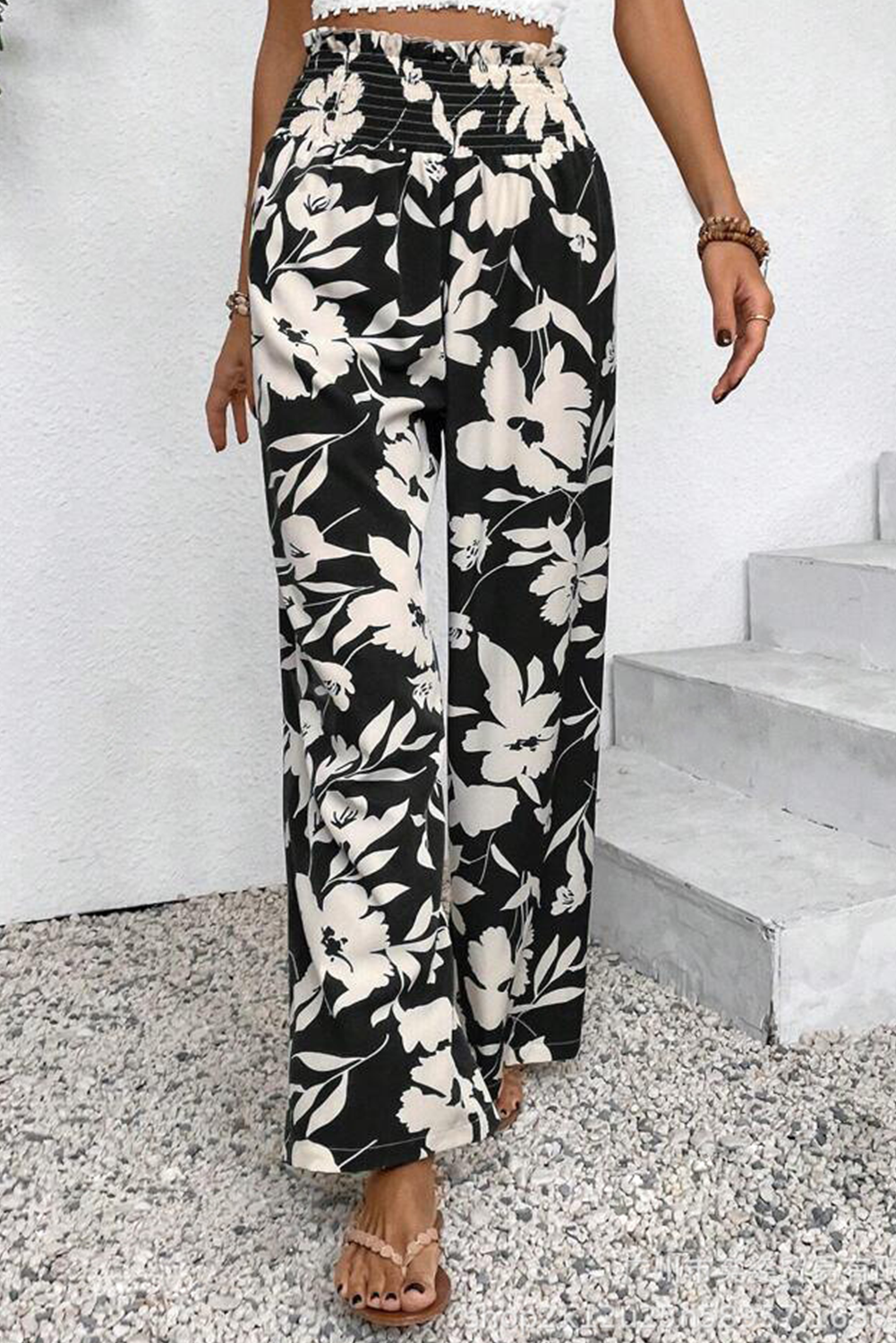 Black Floral Smocked Frill Waist Wide Leg Pants