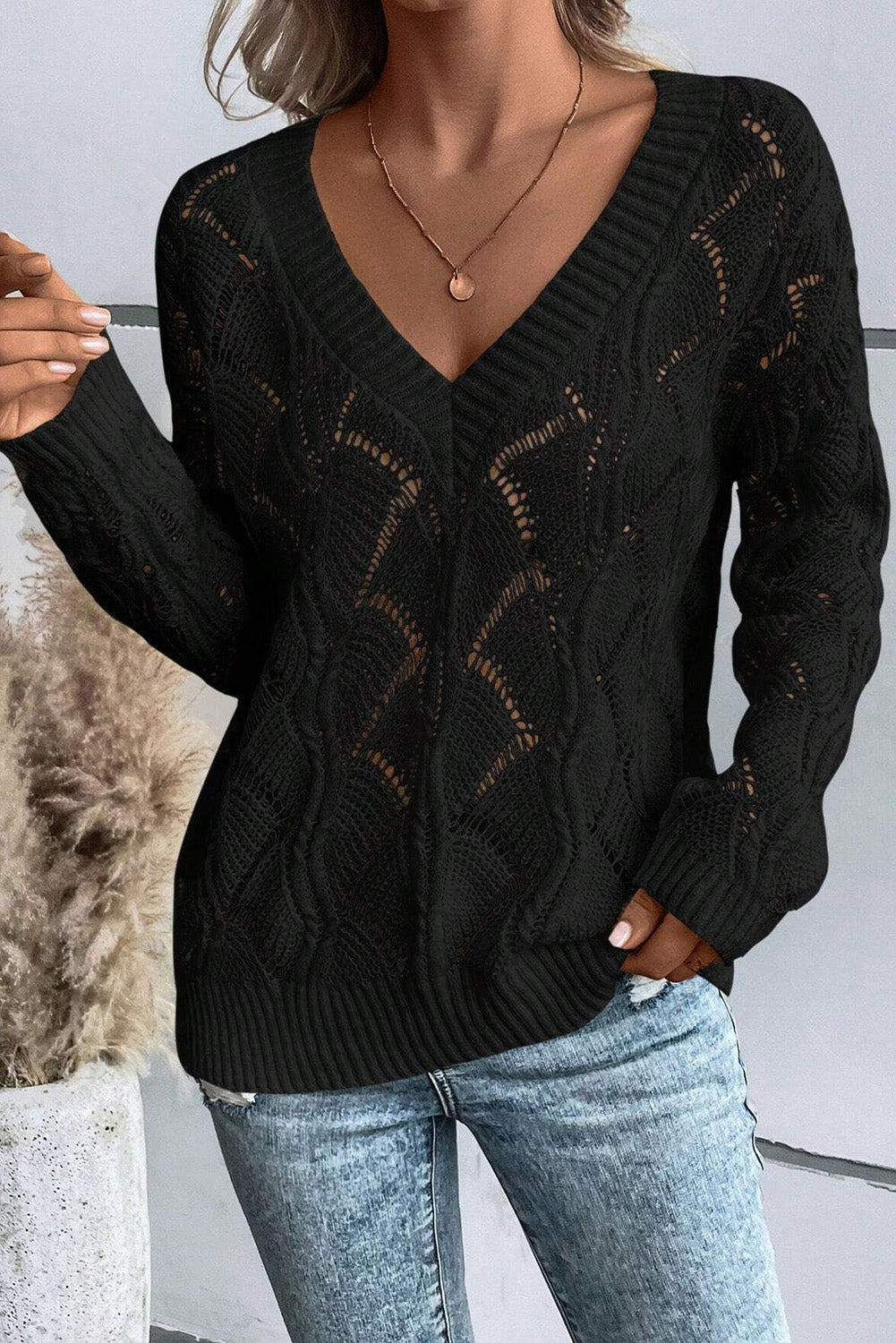 Beige Knit Hollow Out V Neck Drop Shoulder Sweater