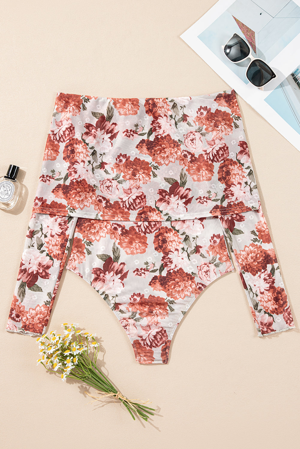 Pink Floral Print Overlay Long Sleeve Bodysuit