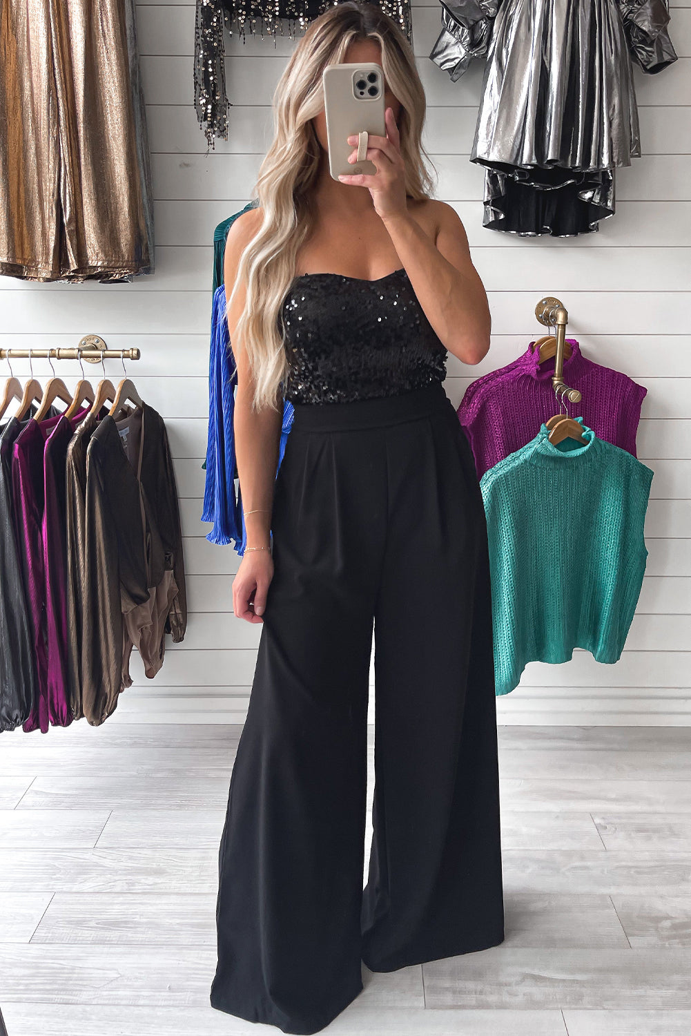 Black Sequin strapless Floor Length Wide Leg Jumpsuit