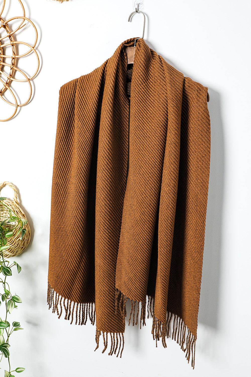 Khaki Bohemian Fringe Trim Textured Scarf