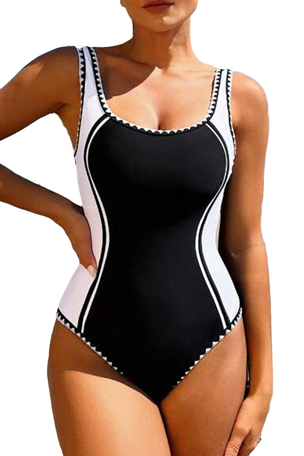 Black Color Block Ric Rac Trim U Neck One Piece Swimsuit