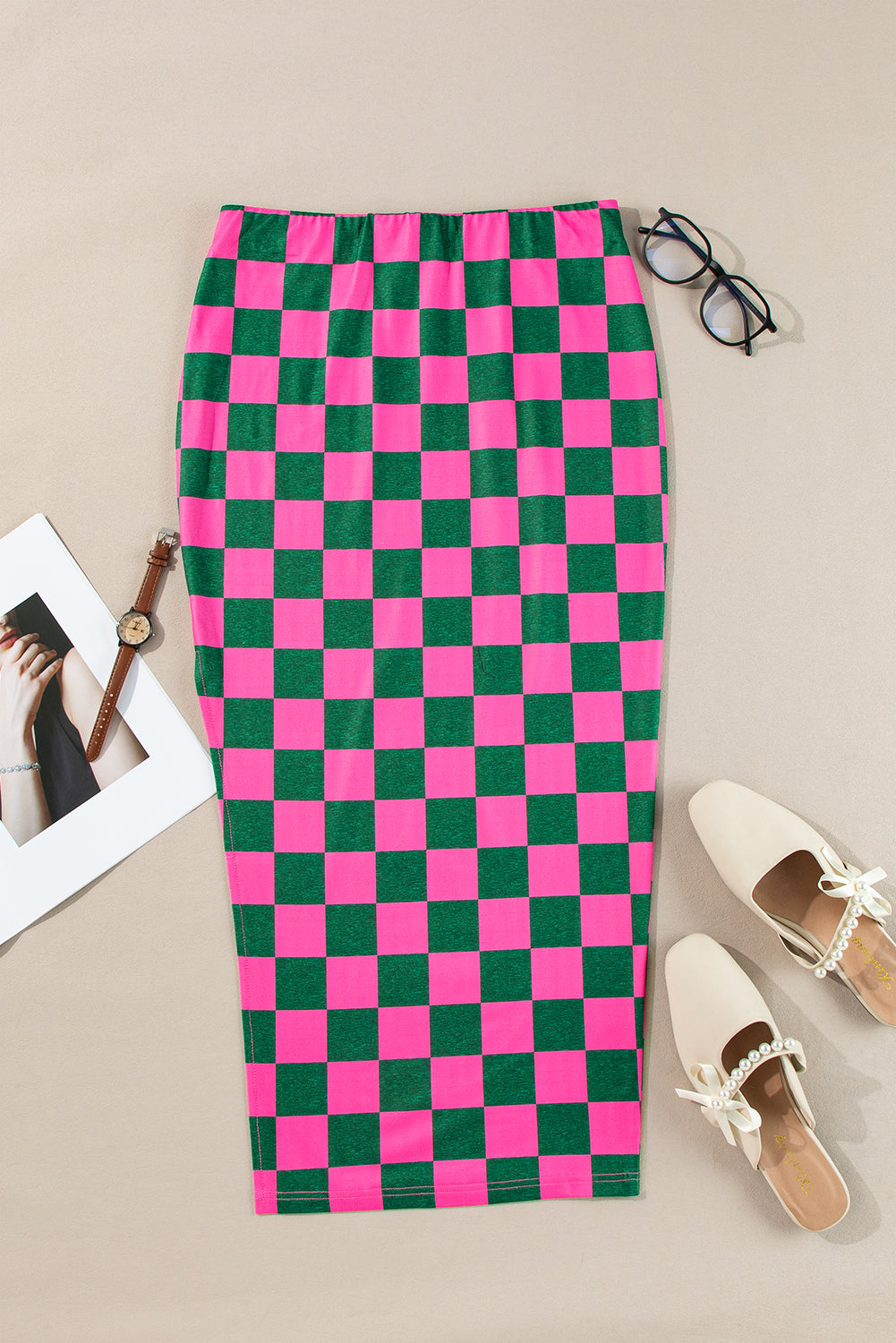 White Checkered Print Side Slit Slim Fit Midi Skirt