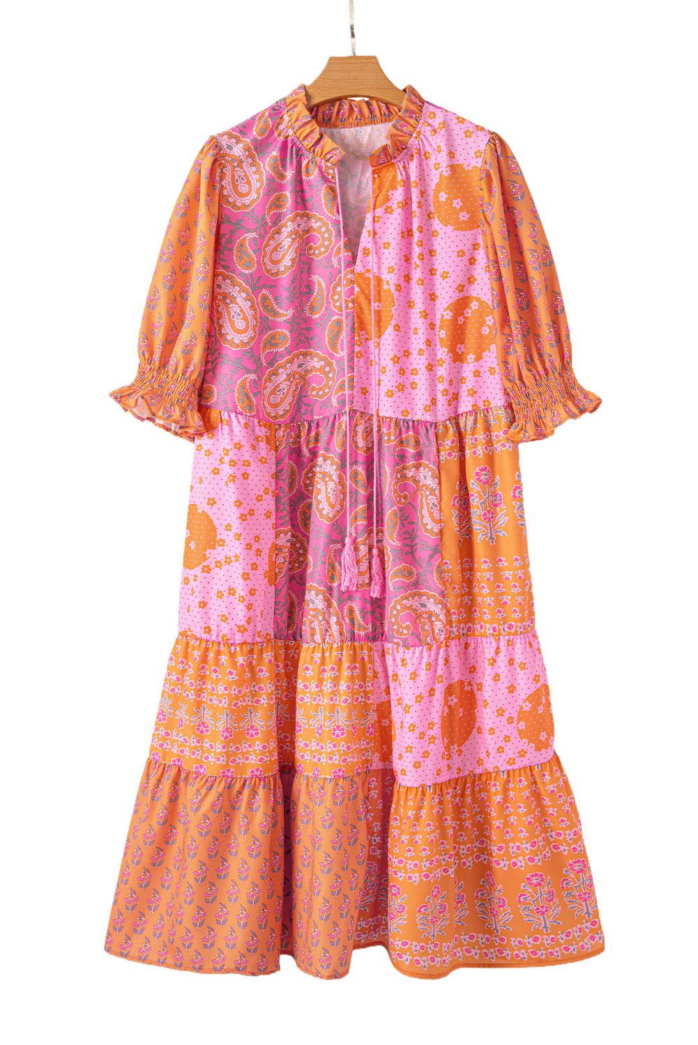 Pink Boho Paisley Floral Patchwork Tassel Tie Plus Size Midi Dress