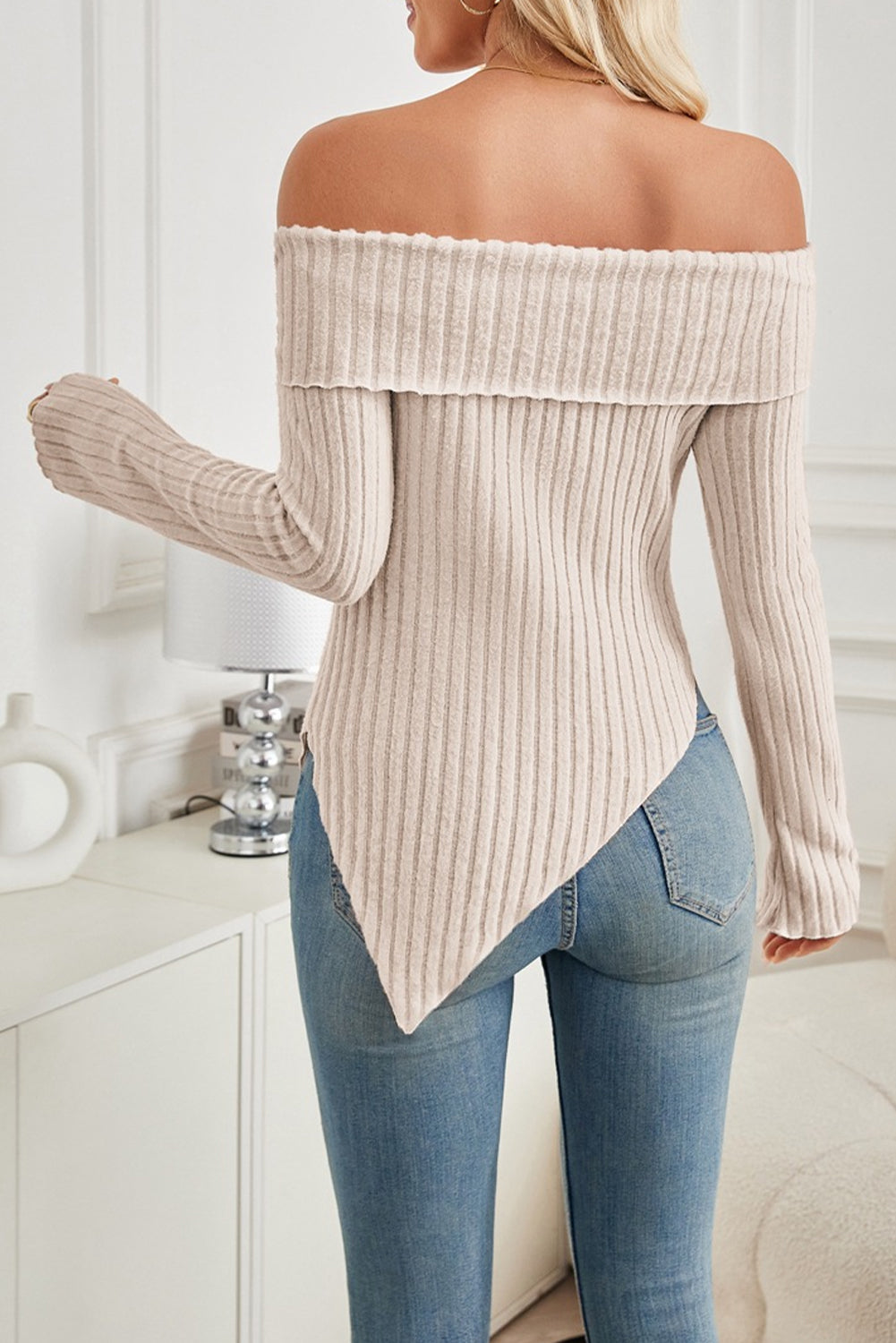 Oatmeal Off Shoulder Slim Split Top