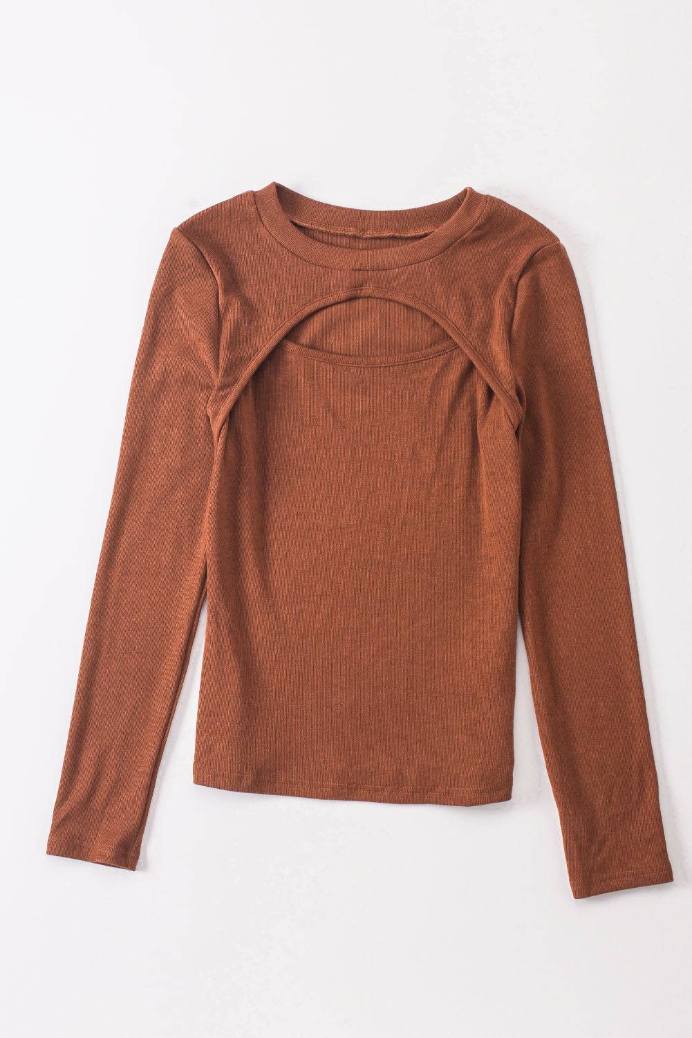 Brown Ribbed Peekaboo Cutout Long Sleeve Top