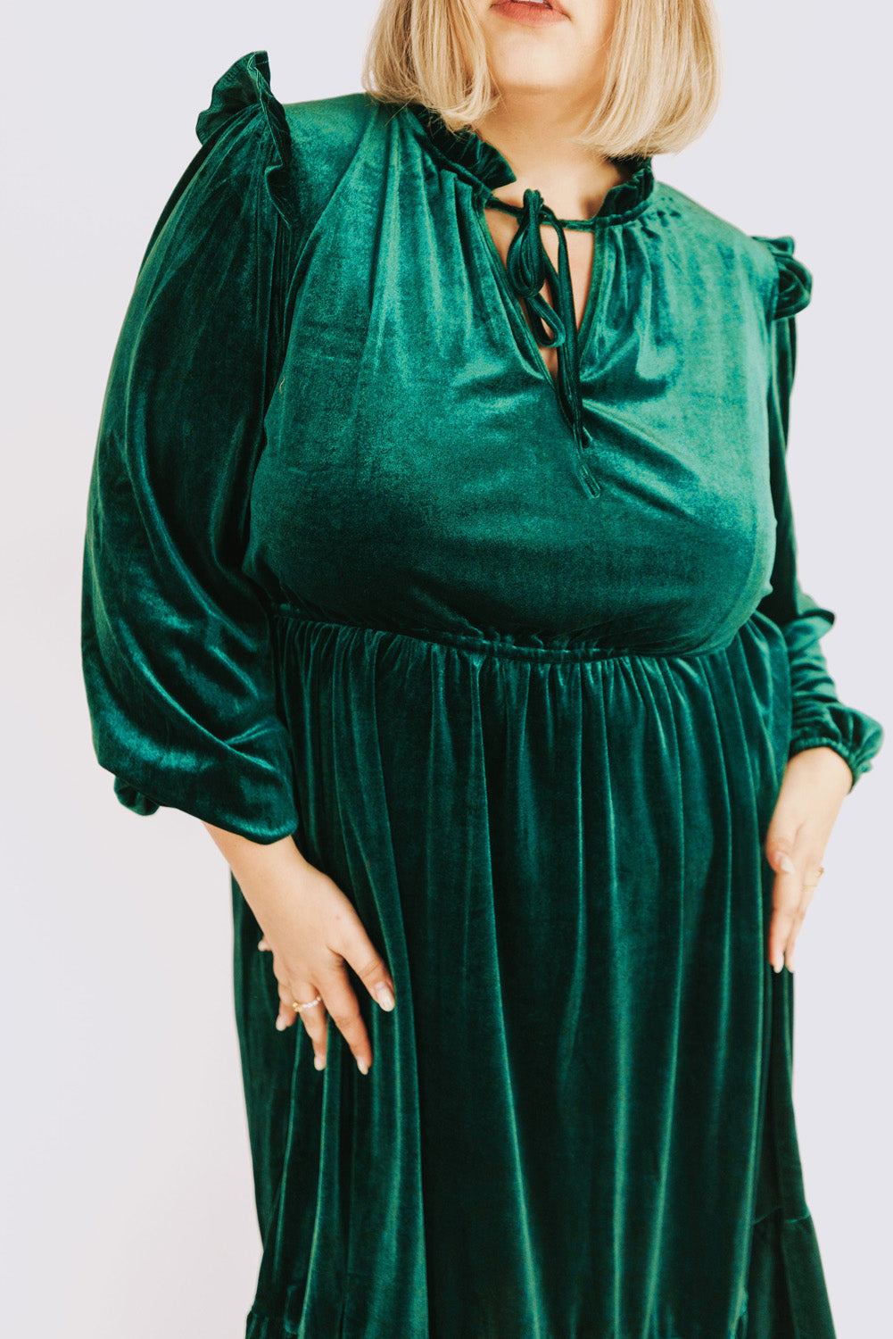 Blackish Green Frill Neck Velvet High Waist Plus Size Dress