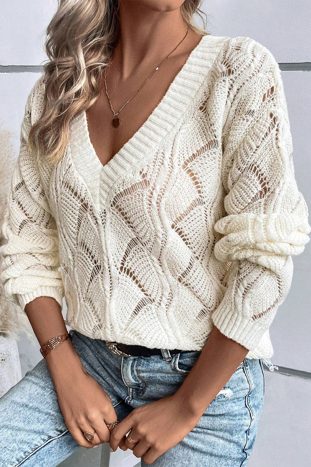 Beige Knit Hollow Out V Neck Drop Shoulder Sweater