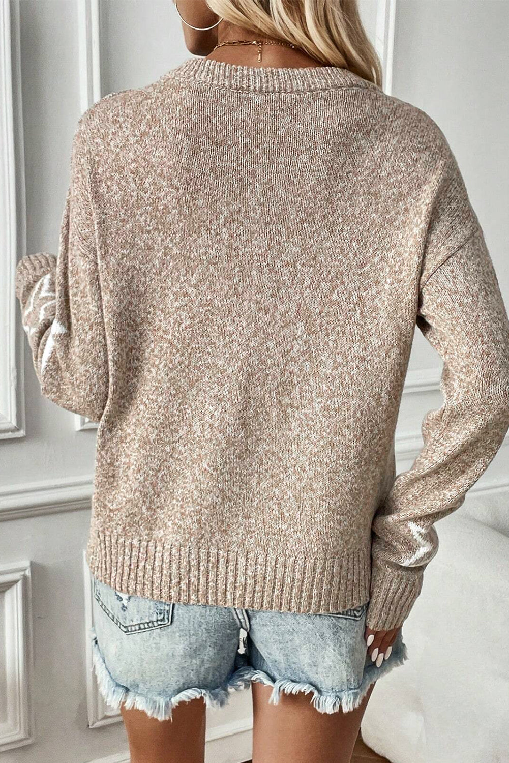 Gray Star Pattern Drop Shoulder Knit Sweater