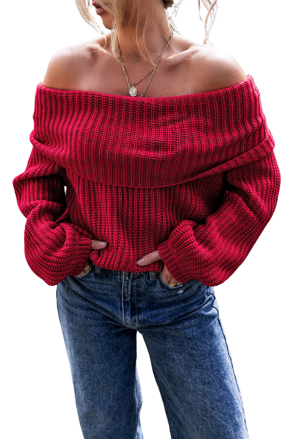 Racing Red Off Shoulder Ribbed Knit Sweater