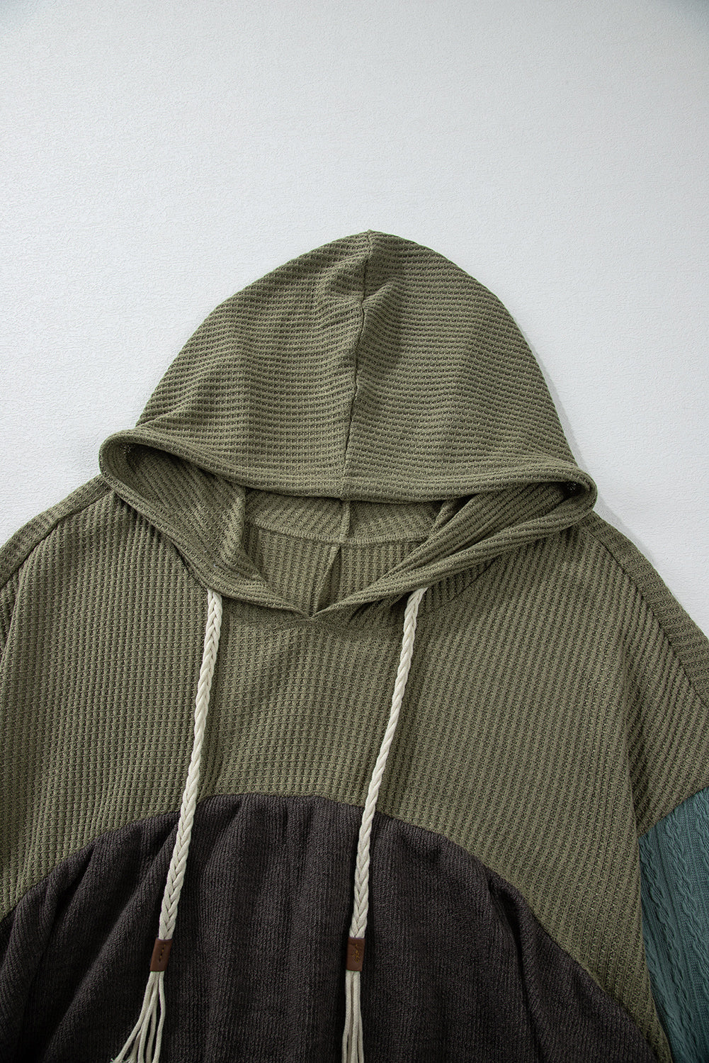 Laurel Green Waffle Knit Patchwork Drawstring Hooded Top