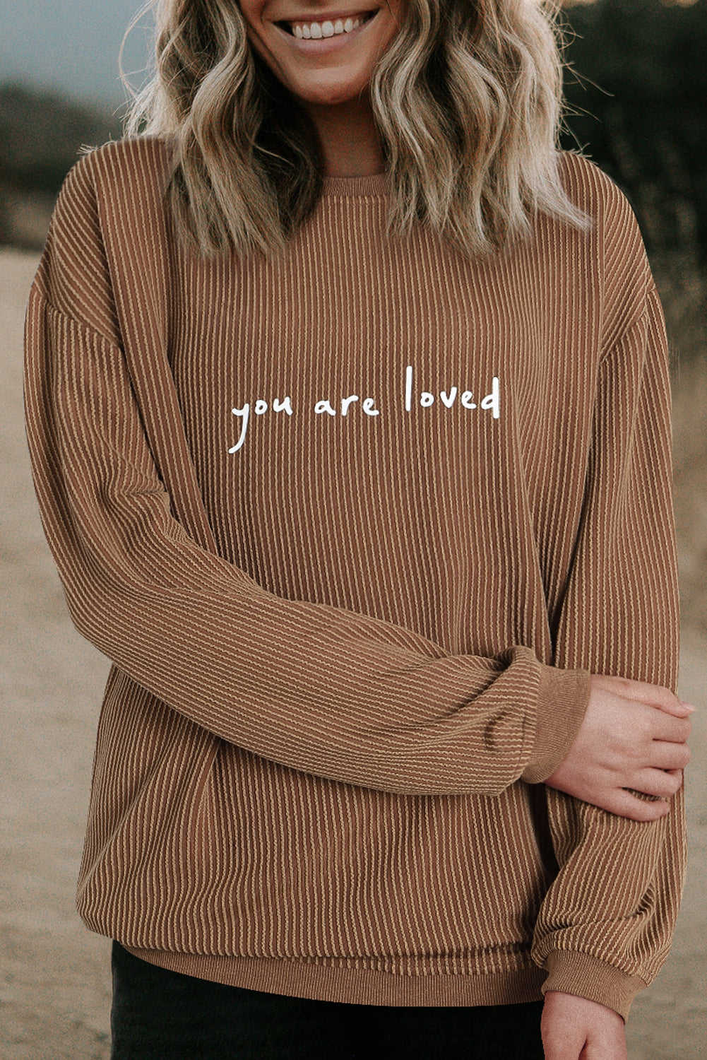 Khaki You Are Loved Print Crinkle Rib Sweatshirt