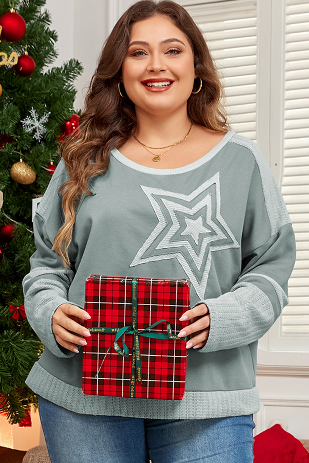 Mist Green Stars Patchwork Round Neck Plus Size Top