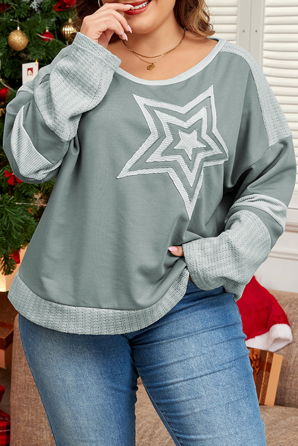 Mist Green Stars Patchwork Round Neck Plus Size Top