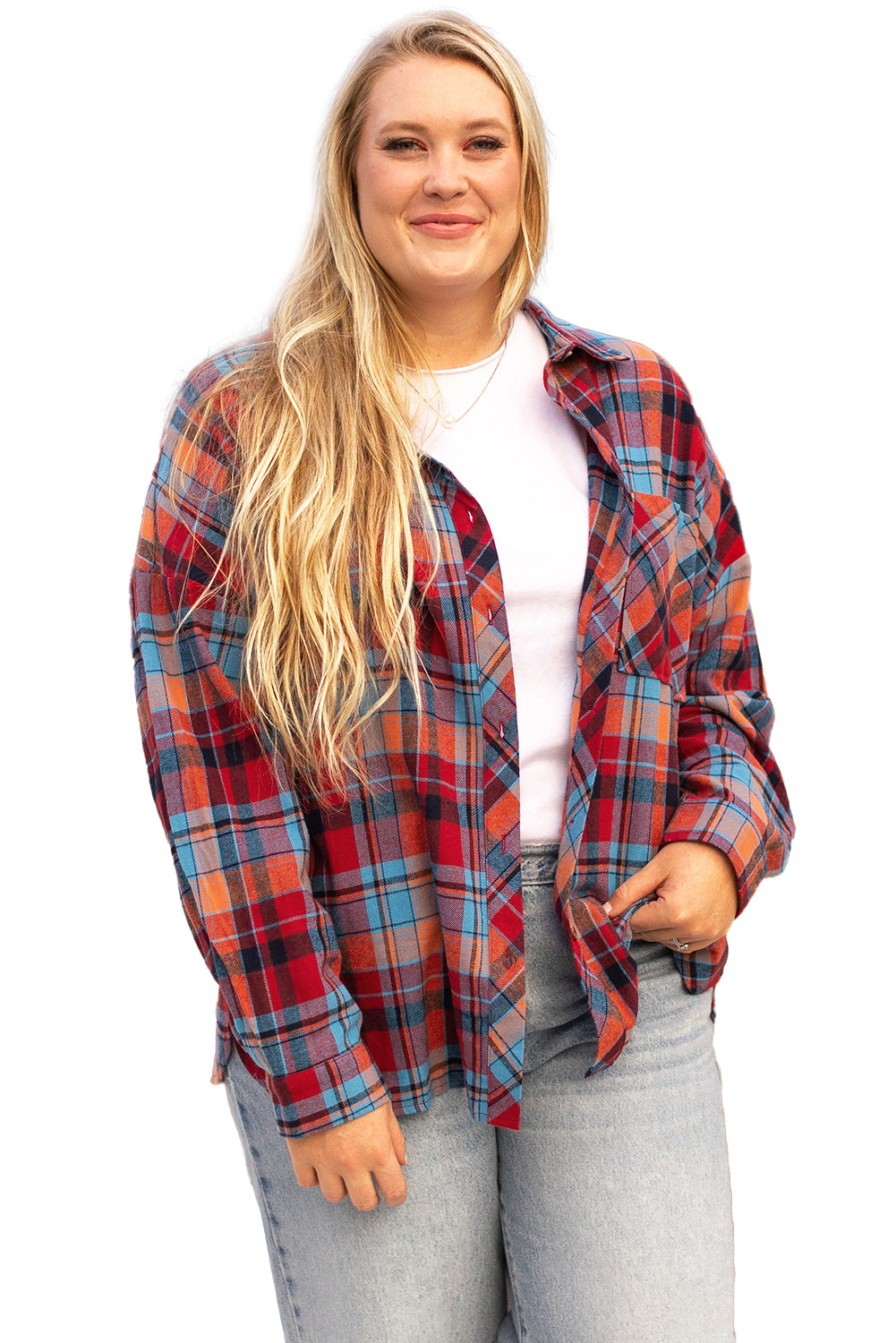 Orange Plus Size Plaid Print Buttoned Shirt