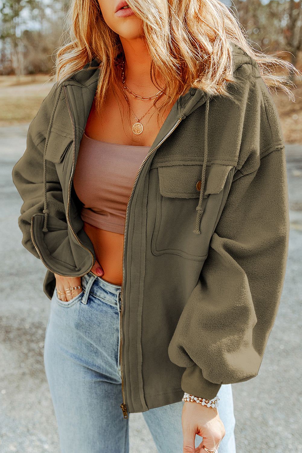 Tan Bishop Sleeve Zip Up Flap Pockets Hoodie Jacket