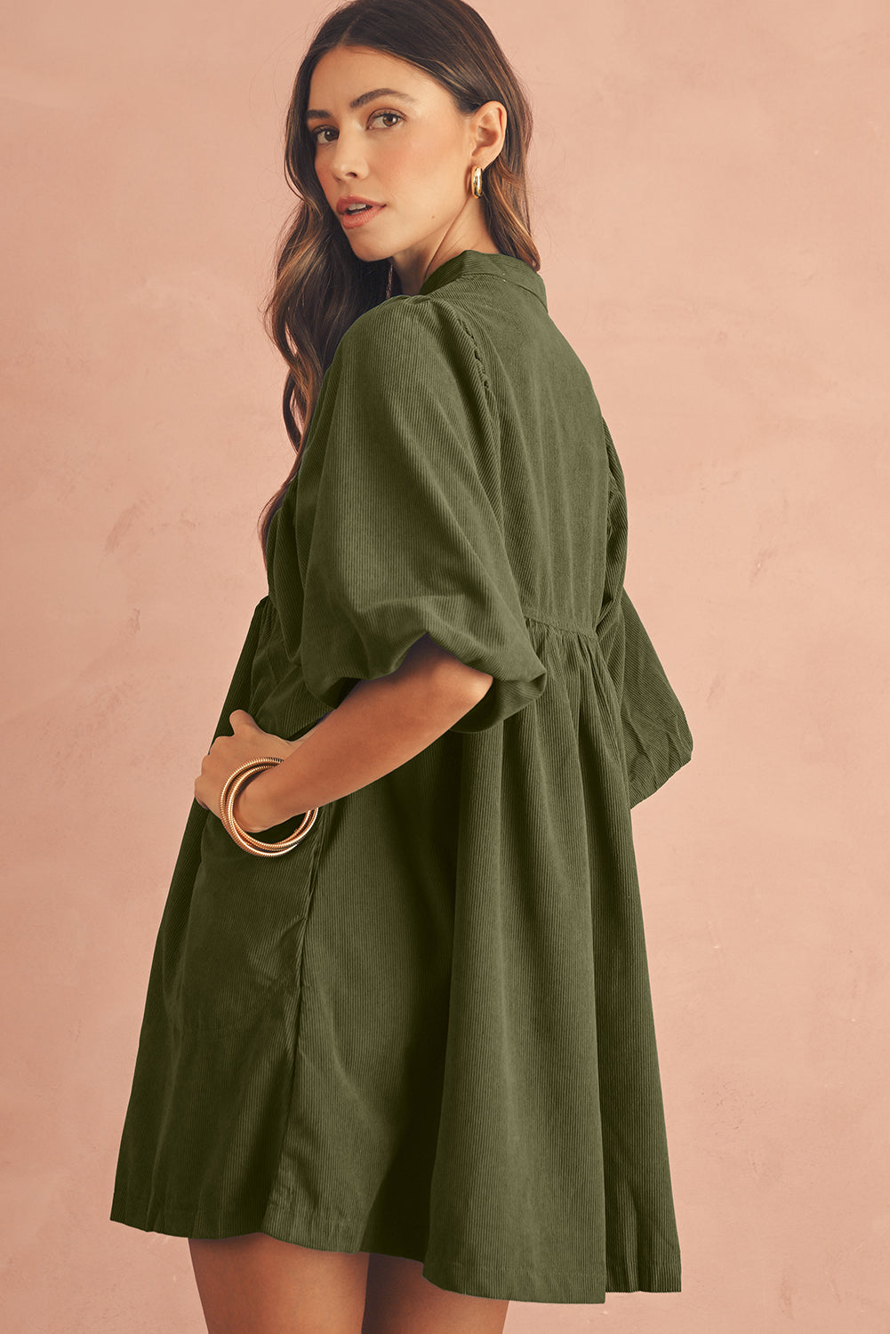 Vineyard Green Snap Button Empire Waist Lantern Sleeve Corduroy Dress