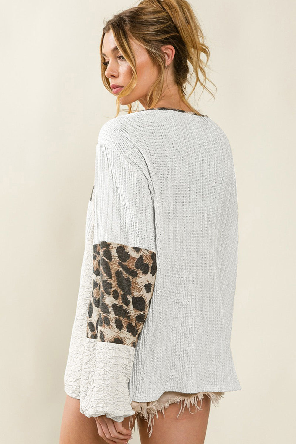 Leopard Print Textured Color Block Pullover Long Sleeve Top