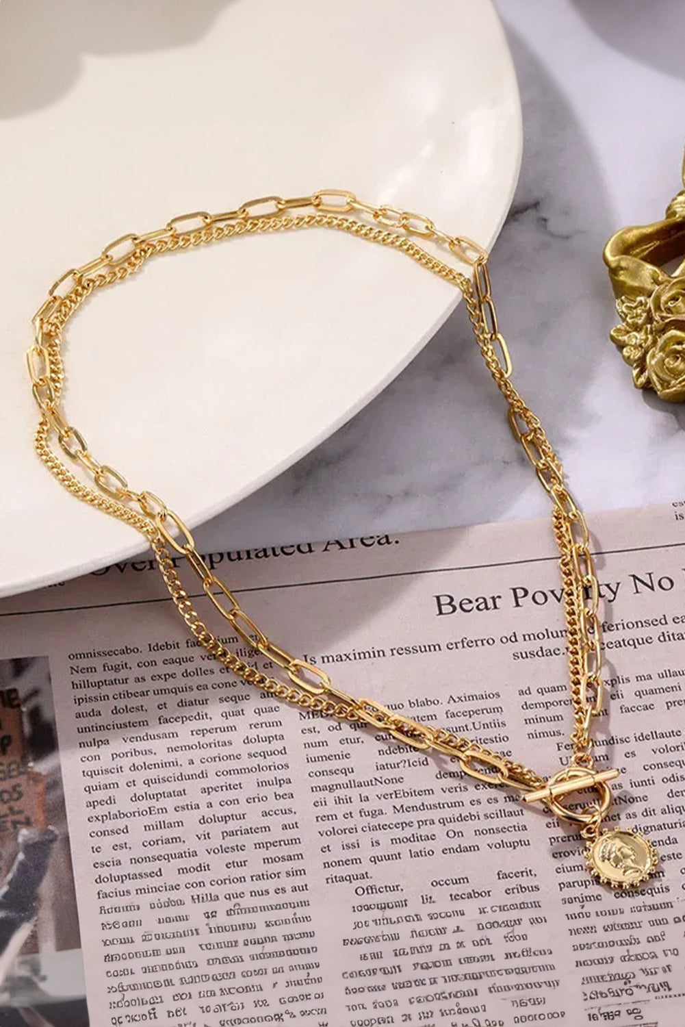 Gold Plated Vintage Carved Coin Pendant Link Chain Necklace