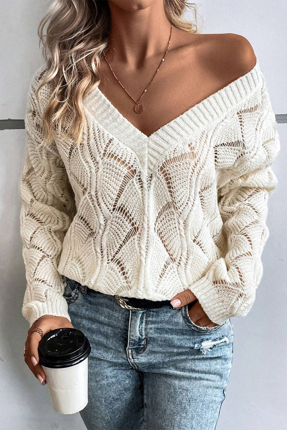 Beige Knit Hollow Out V Neck Drop Shoulder Sweater